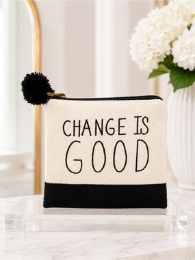 Boutique Change Is Good Canvas Coin Purse Black Cream Zip Pouch NWT